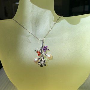 NWOT Solid Silver Genuine Pearl N Gems Pendant + Silver Tone Chain